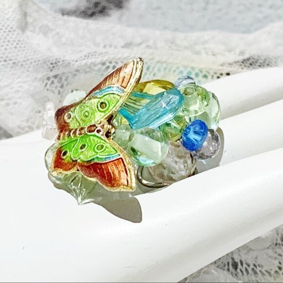 Vintage Artist made Cloisonné butterfly crystal wire ring sz11 - Picture 3 of 8